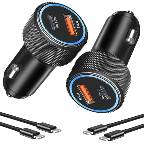 iphone 16 Car Charger Fast Charging, 2-Pack 38W PD/QC3.0 Car Phone Charger Adapter Cigarette Lighter USB Charger with 6FT USB C to USB C Cable for for iPhone 16 15 Pro Max/Galaxy/Pixel/iPad Pro(Black)