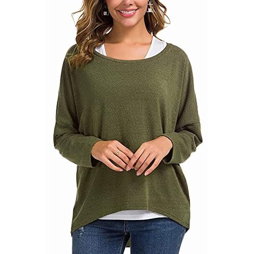 UGET Women's Oversized Baggy Tops Loose Fitting Pullover Casual Blouse T-Shirt Sweater Batwing Sleeve Medium Army Green