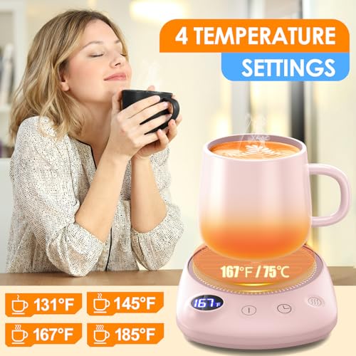 Coffee Mug Warmer - Fastest Heating & Highest Temperature, Coffee Cup Warmer for Desk Auto Shut Off, 4 Temp Settings & 1-12H Timer, Smart Electric Beverage Warmer for Coffee, Tea (Pink)