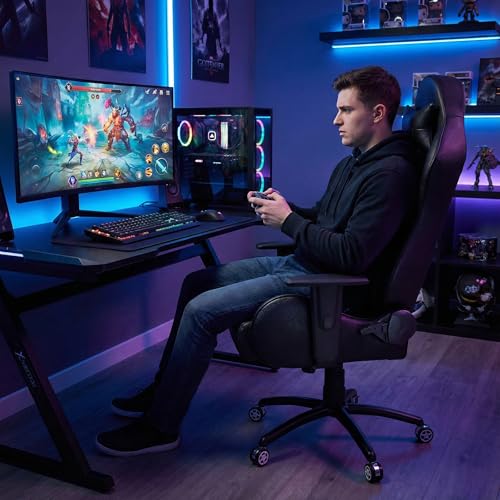 Image of ASE GAMING Gold Series Ergonomic Gaming Chair Premium PU Leather, Adjustable Neck & Lumbar Pillow, 180 Degree Recline with Black Metal Base with 3 Years Warranty (Black)