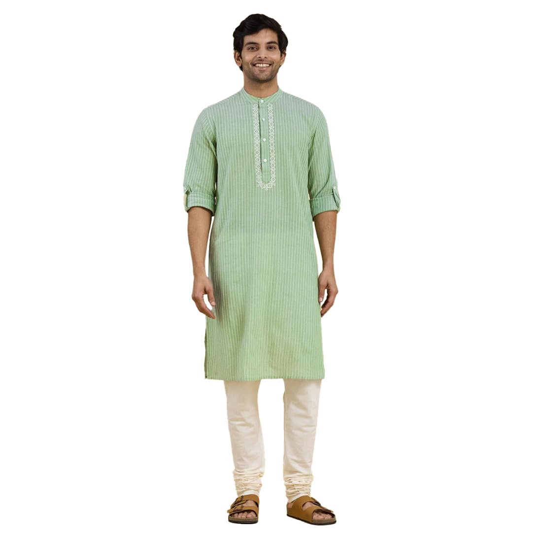 Green Cotton Chikankari Slim Fit Long Kurta-image-19