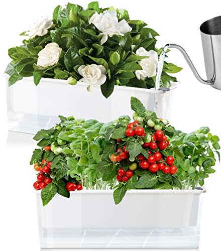 Self Watering Planters For Indoor Plants - 2 Pack 17 Inch Large Plastic Plant Pots With Drainage Hole And Deep Reservior, Rectangle Planter Removable Flower Pot, Window Boxs Planters,Home Decor，White #TOP17