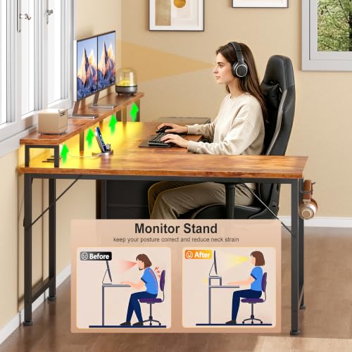Image of Korfile 57'' L Shaped Computer Desk with Storage Drawers, Power Outlet, LED