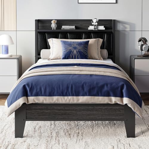 Image of LIKIMIO Twin XL Bed Frames, PU Leather Storage Headboard with Charging Station, Solid and Stable, Noise Free, No Box Spring Needed, Easy Assembly, Black