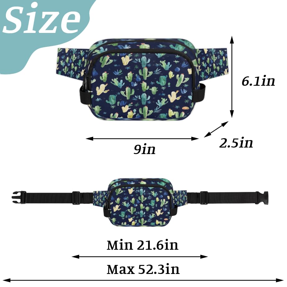 Watercolour Cactus Waterproof Fanny Pack for Women Men Adjustable Waist Bag with Double Zipper Pockets Lightweight Square Hip Pack for Running Travel Hiking Workout Cycling