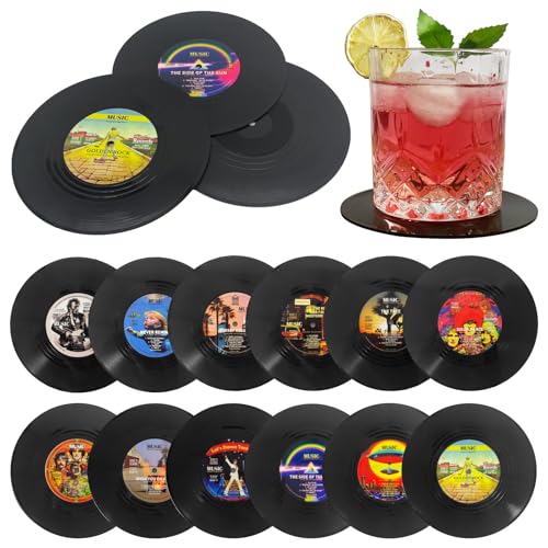 Funny Retro Vinyl Record Coasters, Creative Drink Coasters Set of 12 for Music Lovers, Housewarming Hostess Gifts, Birthday and White Elephant Gifts Ideas (12) (v03b)