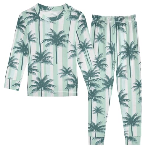 SPRIPORT Palm Tree White Striped Soft Comfy Pajama Set Sleepwear Long Sleeve Top and Pants Cotton 2 Piece Pjs Set 4T