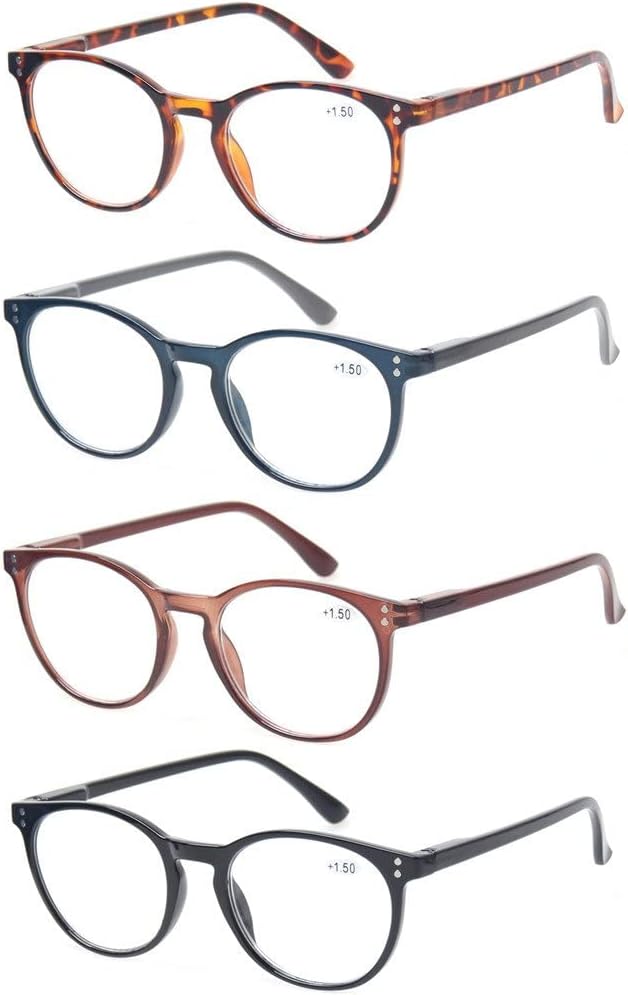 – 4 Pack Retro Round Reading Glasses Men Women Spring Hinges Lightweight Quality Readers
