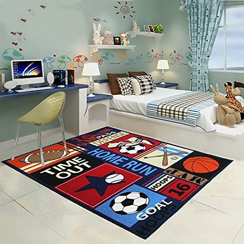 Fun Sport Kids Rugs Nylon Carpet Soccer Baseball Football Basketball With Multi-Color For Boy Girl Playroom 51'' X 75'' #TOP9