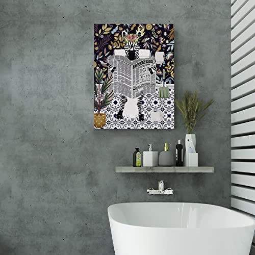 Botanical Zebra Canvas Poster Painting Bathroom Wall Art, Zebra On Toilet Reading Newspaper Picture Artwork Framed Print Ready To Hang For Restroom Toilet Wall Decor 12 X 15 Inch #TOP4