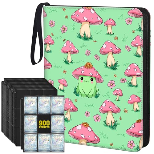UGYAZX Cute Frog & Mushroom 9-Pocket Trading Card Binder Album 900 Card Zipper Binder with 50 Removable Sleeves Refillable 3-Ring Card Book for MTG TCG and Sports Cards Fits 2.5 x 3.5 Cards