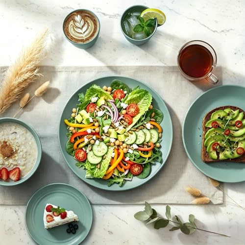 Image of Wheat Straw Dinnerware Sets 40 PCS Unbreakable Dishes Set for Kitchen, Outdoor, Camping Dishes Plates and Bowls Sets with Cups, Dessert Plates, Dishwasher & Microwave Safe - Green