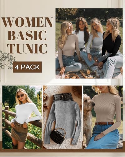 Neer 4 Pack Women's Mock Turtleneck Tops Cotton Long Sleeve Ribbed Lettuce Trim Shirts Slim Fit Casual Fall Basic Tees4