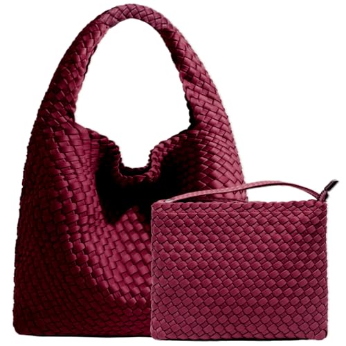 JINMANXUE Woven Purse for Women, Neoprene Top-handle Shoulder Bag, Hobo Tote, Travel Handbag, Wrist Bag For Work Shopping (Ankela Red)