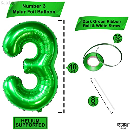 Image of KatchOn, Giant Green Number 3 Balloon - 40 Inch Number Balloon | 3 Number Balloon for Three Rex Birthday Party Decorations | Green 3 Balloon Number for Happy Birthday Decorations