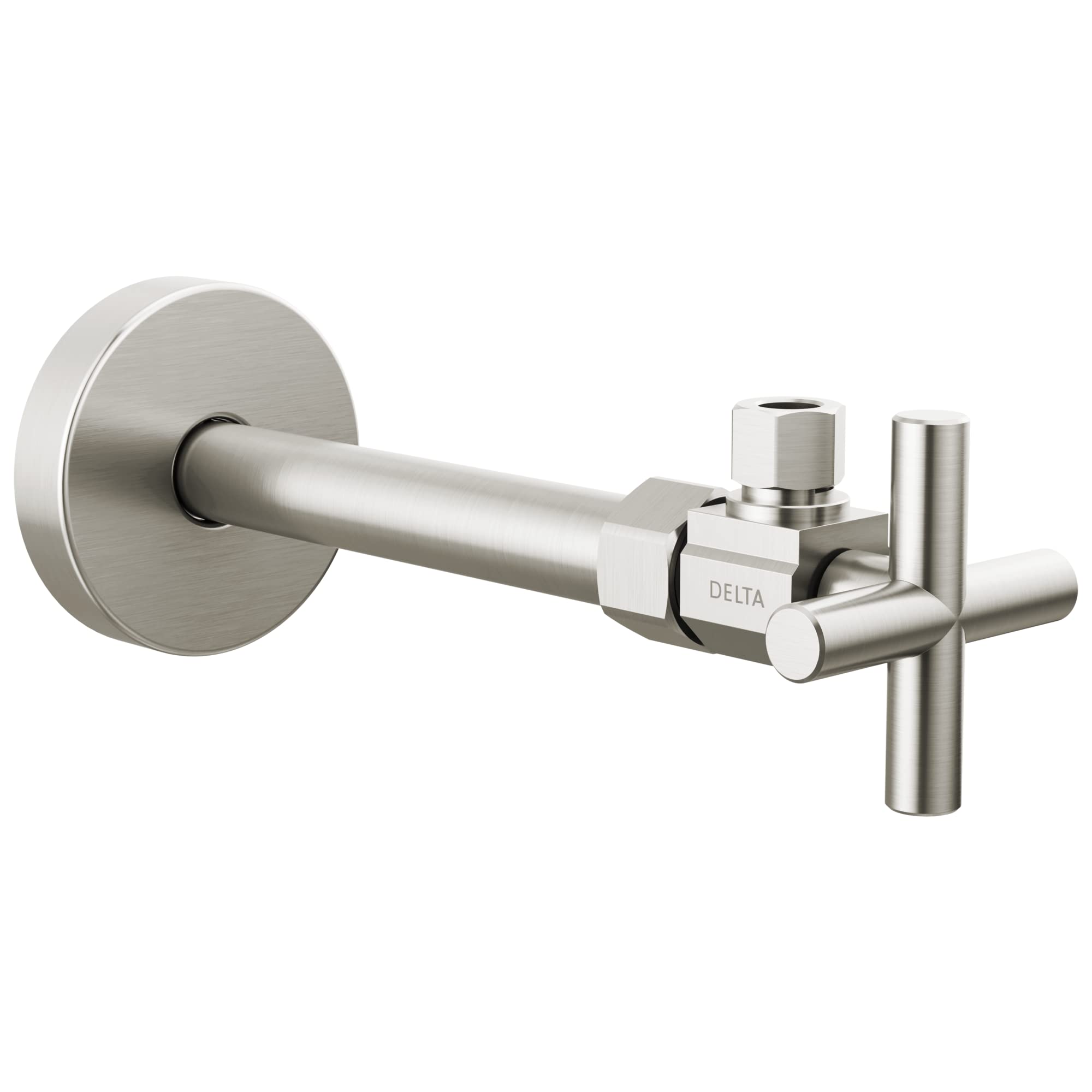 Delta Faucet Válvula de Parada de Suministro en Ángulo de 1/2 x 3/8 Pulgadas con Mango Contemporáneo de Níquel Cepillado, Válvula de Cierre de Agua, Válvula de Cierre de Latón