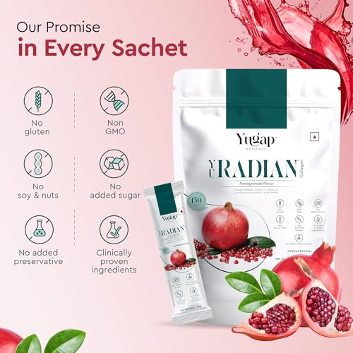 Image of YuRadian 6-In-1 Marine Collagen Powder With Hyaluronic Acid, Vitamin C & E , Lycopene And Peptide | Skin Radiance Collagen Supplement for Women & Men | Youthful Skin Glow, Elasticity & Hydration | No Added Sugar | 15 Servings (150g)