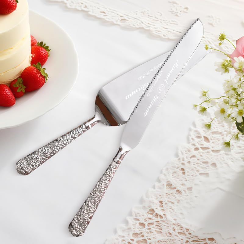 Ensemble de 2 pièces pour gâteau de mariage : couteau et pelle, ensemble de découpe argenté, coupe-gâteau gravé vintage et spatule de service élégante...