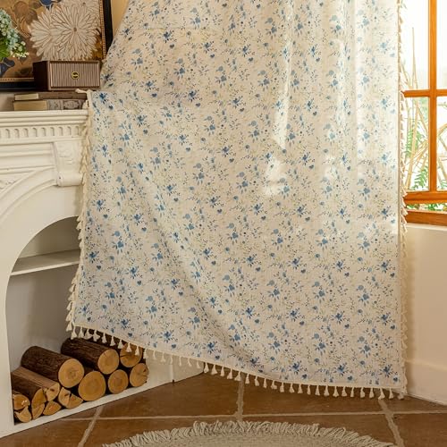 Image of MYSKY HOME Floral Boho Linen Curtains 96 Inches Length 2 Panels Set Blue Flower Patterned Semi Sheer Spring Vintage Farmhouse Window Curtains with Tassel Beige Back Tab Dining Room, W50, Blue,