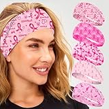 HIFANMM 5pcs Breast Cancer Awareness Headbands Pink Ribbon Elastic Wide Head Band Women Headwraps Non Slip Hair Accessories Sports Running Stretchy Twisted Hair Band