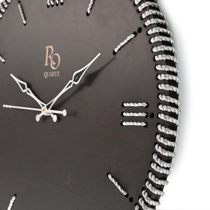 Image of Wooden Round Shape Roman Dial Analog Clock with Silver Hand and Silver Zari Rope Detailing | Stylish Silent Quartz Movement Anti Reflection Wall Clock for Home & Office (Black, 15.5 inch)
