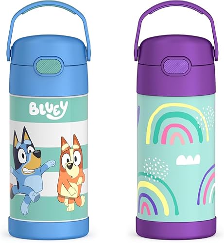 THERMOS FUNTAINER - Botellas de agua de acero inoxidable con aislamiento al vacío para niños, 12 onzas, azul y arcoíris