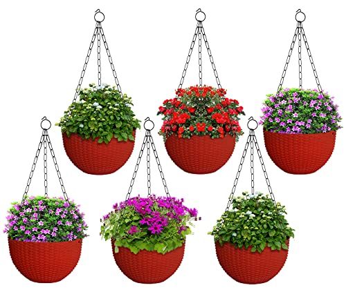 Image of Heat Home Plastic Hanging Flower Pot for Balcony & Railing Set (Red, Set of 6)