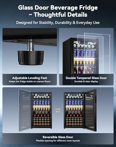 Image of 3.1 Cuft Beverage Fridge, 128 Can Mini Fridge, Glass Door, 35-65F, Black | Adjustable Shelves for Wine & Beer, Digital Temp Display, Freestanding for Home & Office, Quiet Compressor Cooling