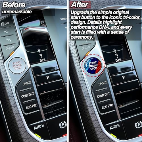 Image of Engine Start Stop Button Cover compatible with BMW Interior Accessories | 0.86 Inch Round compatible with X3 X5 Z4 2 3 4 i4 i3 Series,Tricolour Carbon Fiber Texture with High Gloss Resin surface