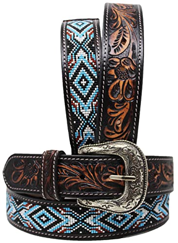 Western Antique Floral Tooled Beaded Full-Grain Leather Belt 26FK55