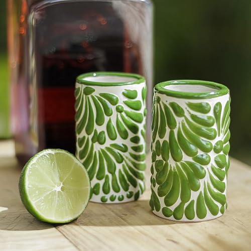 Image of Talavera Shot Glasses Set of 4 Authentic Hand-Painted Mexican Tequila Shot Glasses Glass - 2 Oz (Green Brushstroke White Background)