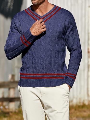 PASLTER Mens V Neck Sweater Cable Knit Chunky Relaxed Fit Fashion Twist Thermal Pullover Tennis Sweaters2