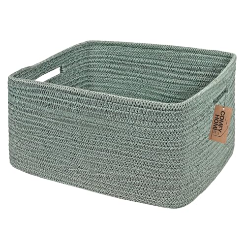 COMFY-HOMI Cotton Rope Woven Basket with Handles for Shelves,Toys,Book, Cloth Storage Baskets for Organizing-17" x 13" x 7.5" Toy Decorative Organizer for Living Room, Bathroom （Green） 17''x