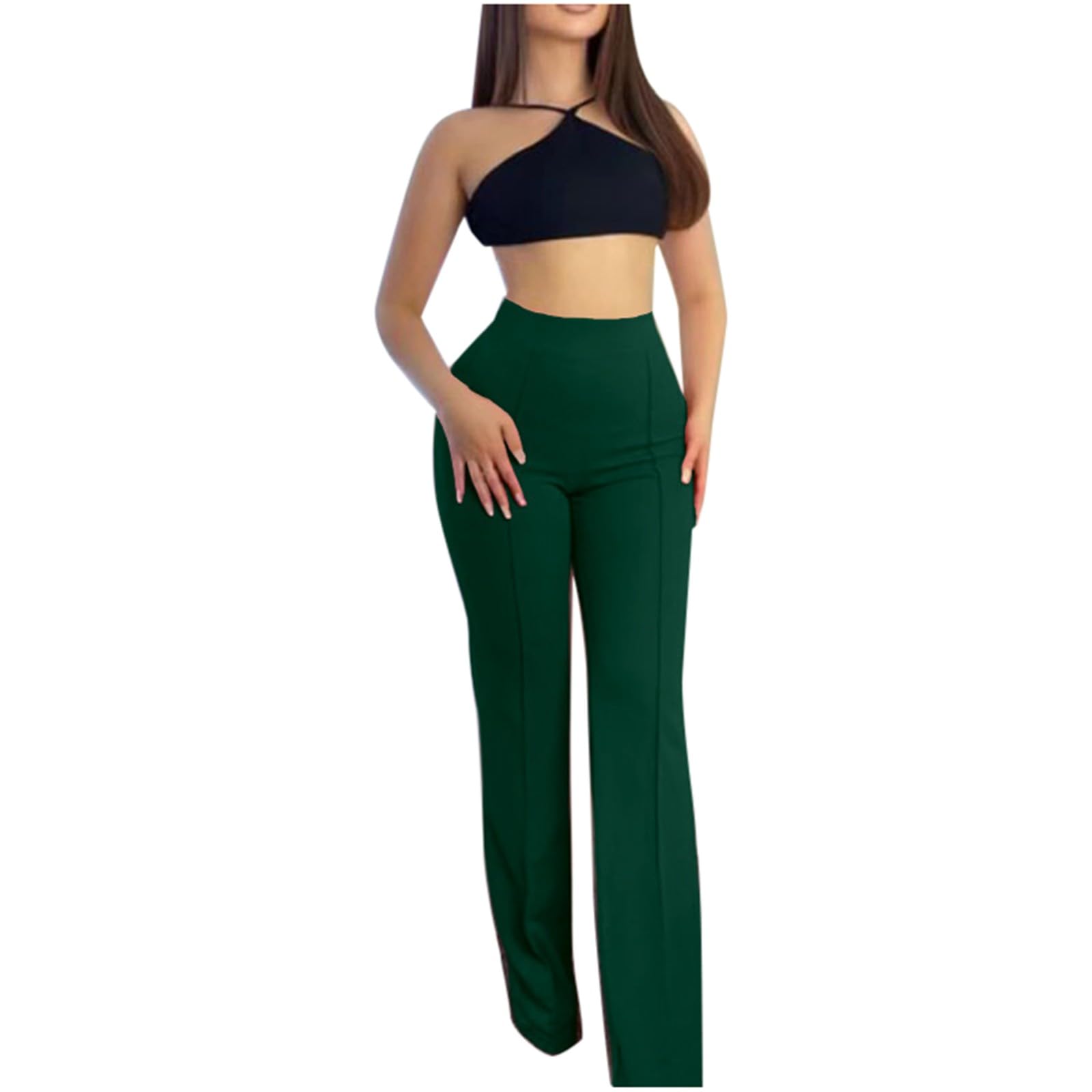 JOFOW Womens Solid Color Slightly Slim Fit Flared Pants Wide Leg Long Suit Pants Formal Bussiness