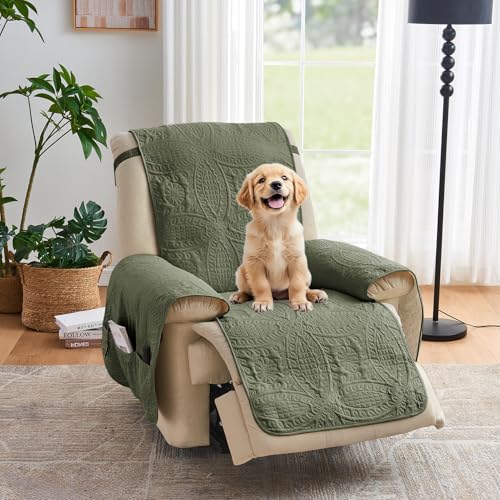 Image of Green Recliner TV Chair Covers, Quilted Decor Water-Repellent Medium Lazy Boy Chair Covers, Pet Friendly Recliner Slipovers for Dogs Cats, Washable Recliner Cover (Recliner 26 inch, Olive Green)