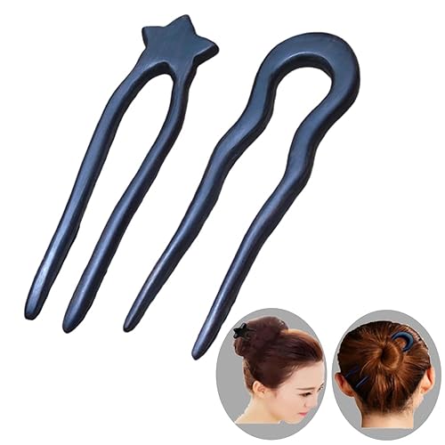 KingcanY - 2 horquillas de madera de 2 puntas, hechas a mano, estilo retro, palillos franceses, horquillas, accesorio para el cabello (estrella +
