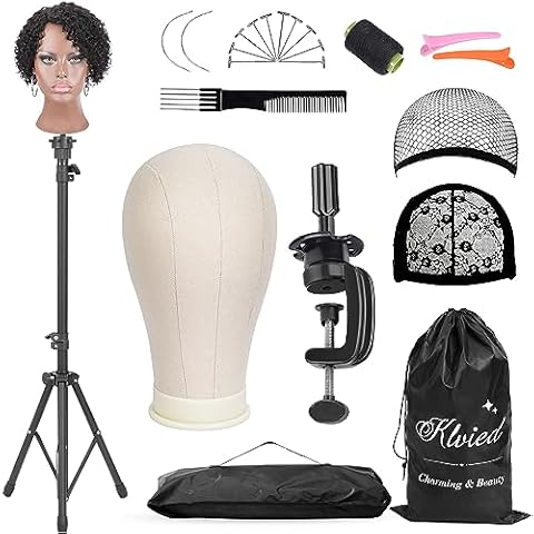 Klvied Reinforced Wig Mannequin Stand with Head, Dual-use 22 Inch Canvas Wig Head Display, Adjustable Clamp Wig Holder, Manikin Head Set for Cosmetology Hairdressing Training with Carrying Storage Bag Cover