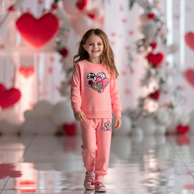 Image of Girls Valentine's Day Outfit Heart Love Print Sweatshirt Kids Girls Clothes Set