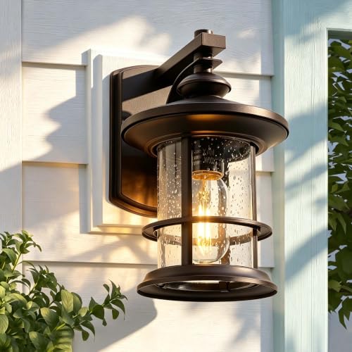 Image of MICSIU 100W Max Vintage Farmhouse Oil Rubbed Bronze Outdoor Wall Light | 10 Inch Metal Exterior Sconce 1 Pack, Clear Seedy Glass Outsize Porch Light for Entryway, Garage, Bathroom