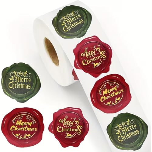 500 Pcs 1 Inch Christmas Stickers Roll Gold Merry Christmas Envelope Decals Red Green 3 Designs Stamp Shape Round Winter Holiday Sticker for Xmas Cards Gift Favors Decoration Sealed Envelopes