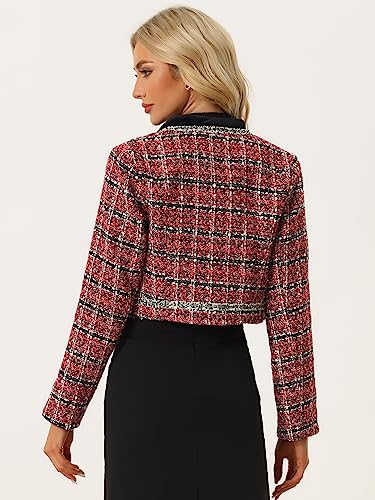 Allegra K Tweed Plaid Jacket for Women's Dressy Casual Button Decor Open Front Vintage Cropped Blazer3