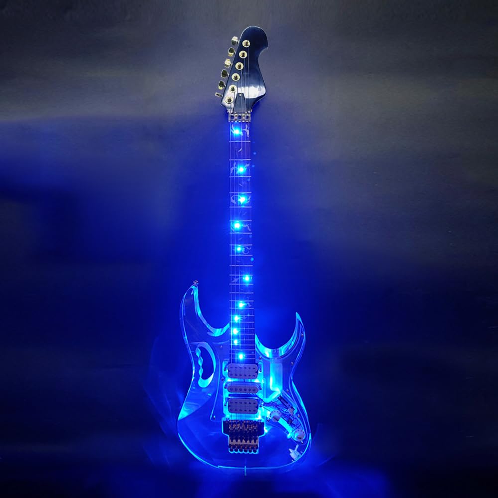 Yinfente Kit de guitarra eléctrica de 39 pulgadas, guitarra acrílica transparente, tamaño completo, guitarras eléctricas de cuerpo sólido para principiantes con diapasón de palisandro y LED azul claro