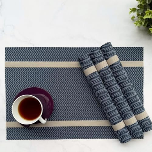 Image of Livmodern Premium PVC Dining Table Mats for 4 Seater| Woven PVC Placemats | Mild Heat Resistant Mats| Wipeable & Washable Set of 4-Midnight Chevron