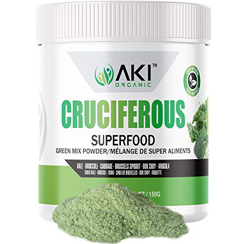 Aki Organic Cruciferous Superfood Blend Powder Made of Kale - Broccoli - Cabbage - Brussels Sprout - Bok Choy - Arugula Ideal to Boost Greens Veggie Smoothie Supplements Vitamins Phytonutrient