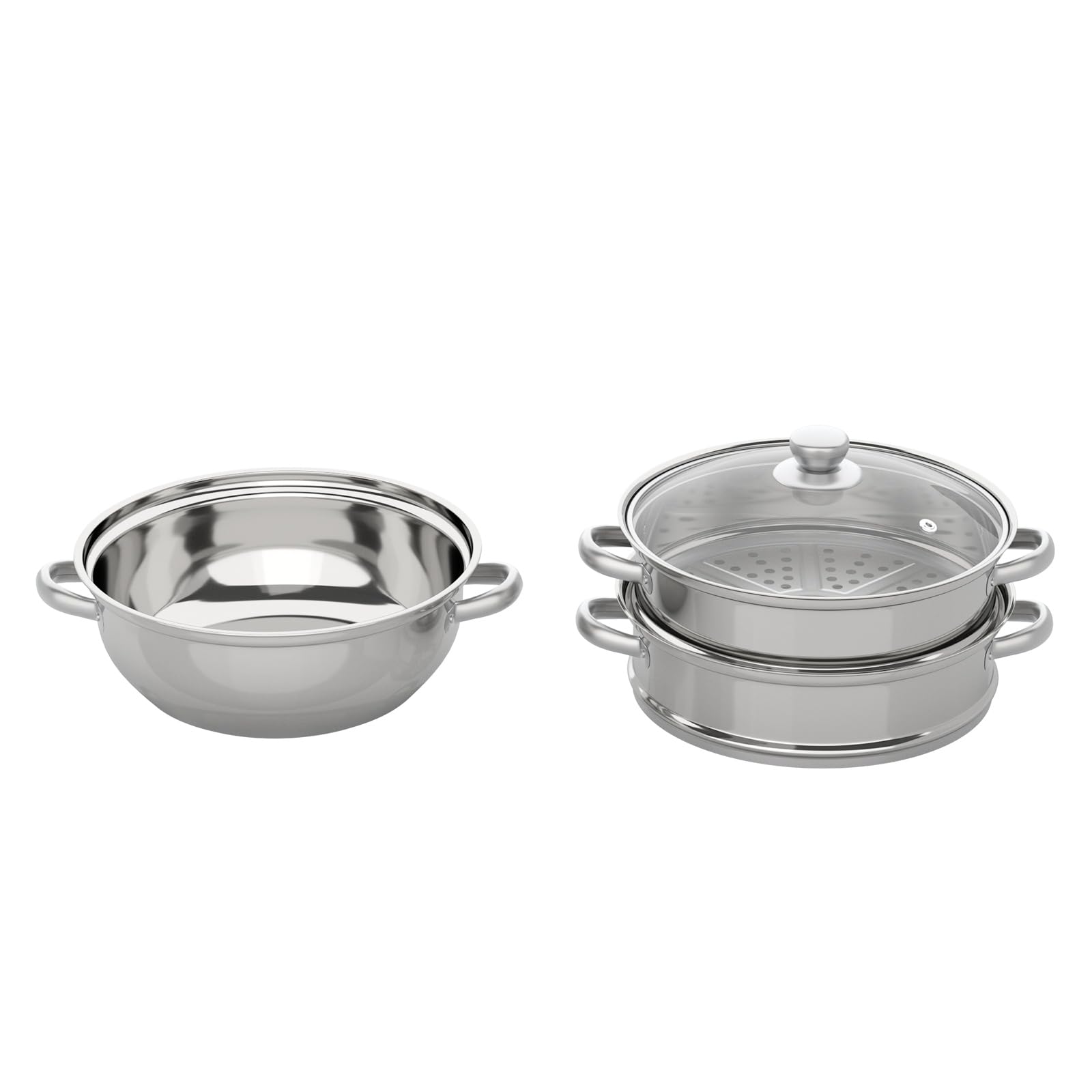 Steamer a 3 strati da 28 cm, pentola a vapore con manici Steamery, vaporiera impilabile con coperchio in vetro per la casa, pentola per cucinare a vapore in acciaio inox per gas, elettrico, induzione