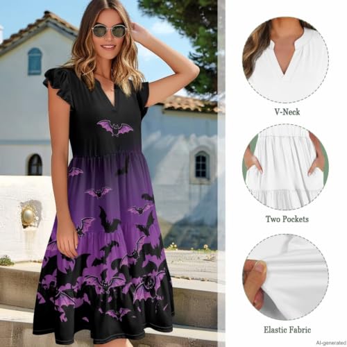 Image of Women's Casual Ruffle Sleeve Dress V Neck Pullover Dress Flowy A-Line Pleated Lightweight Dress with Pockets