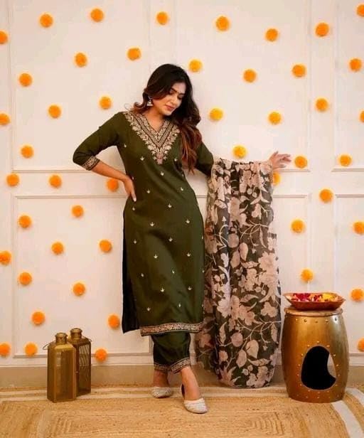 Image of Women's Viscose Rayon Kurta, Pant & Dupatta Set Embroidered Work V Neck 3 /4th Sleeves Straight Salwar Suit Dupatta Set || Comfortable Outfit For Wedding