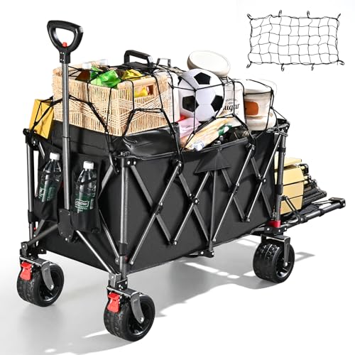 YEAUPE PRO Chariot de Plage XXXL – Capacité Extensible 200-300L, Charge 150 kg – Roues Avant Orientables avec Frein, Arrière Ouvrant pour Objets Longs...