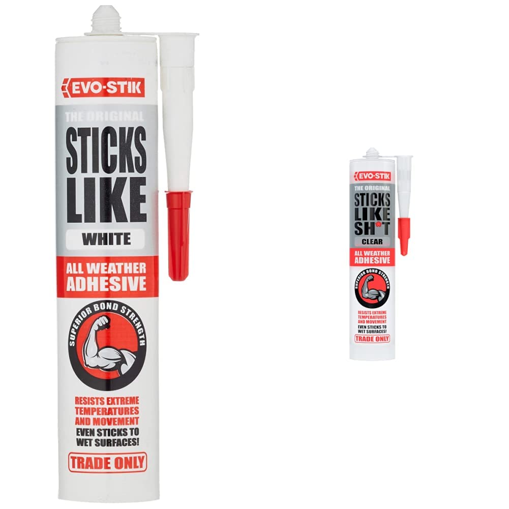 EVO-STIK Sticks Like Adhesive, All Weather, Extreme Temperature & Movement Resistant, Colour: White, Size: 290ml & Sticks Like Sh*t Adhesive, All Weather, Clear, 290ml