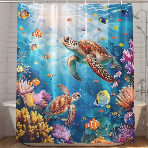 Image of Luvart Shower Curtains for Bathroom, Sea Turtles Waterproof Shower Curtain 180 X 180 cm, Ocean Tropical Fishes Bath Curtain with Hooks Bathroom Decor